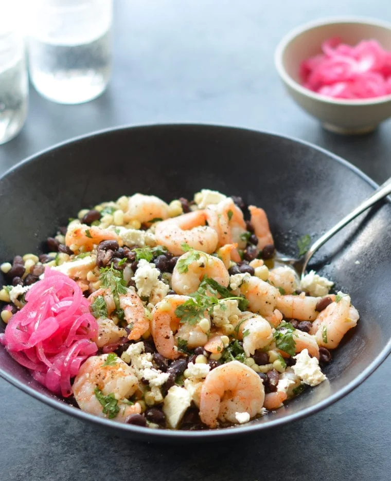 Black Bean Shrimp Salad with Corn & Pickled Onions